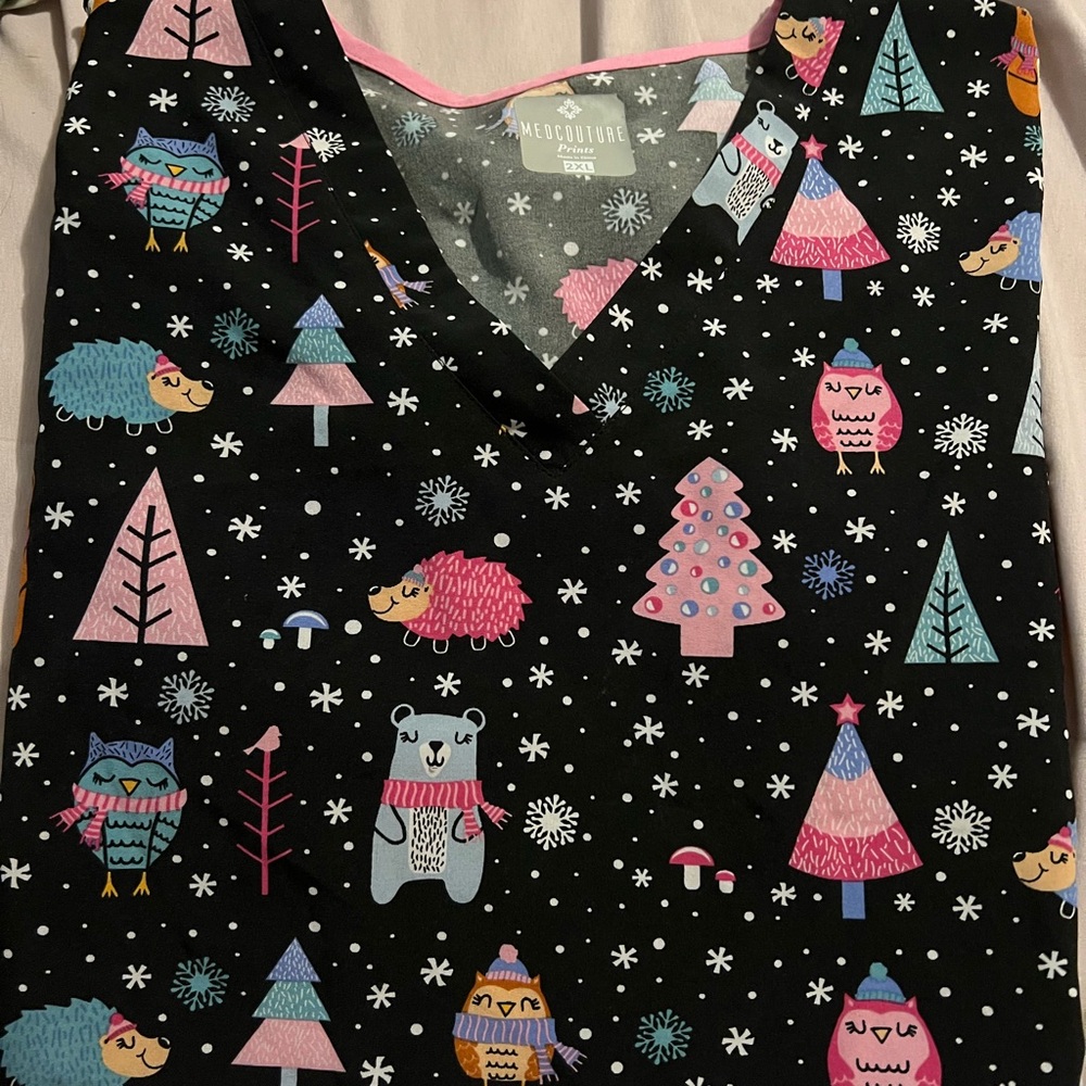 Medgear Black Scrub Top with Cute Animal Print